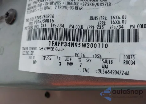 2005 Ford Focus Zx4 from USA, damaged, VIN 1FAFP34N95W200110